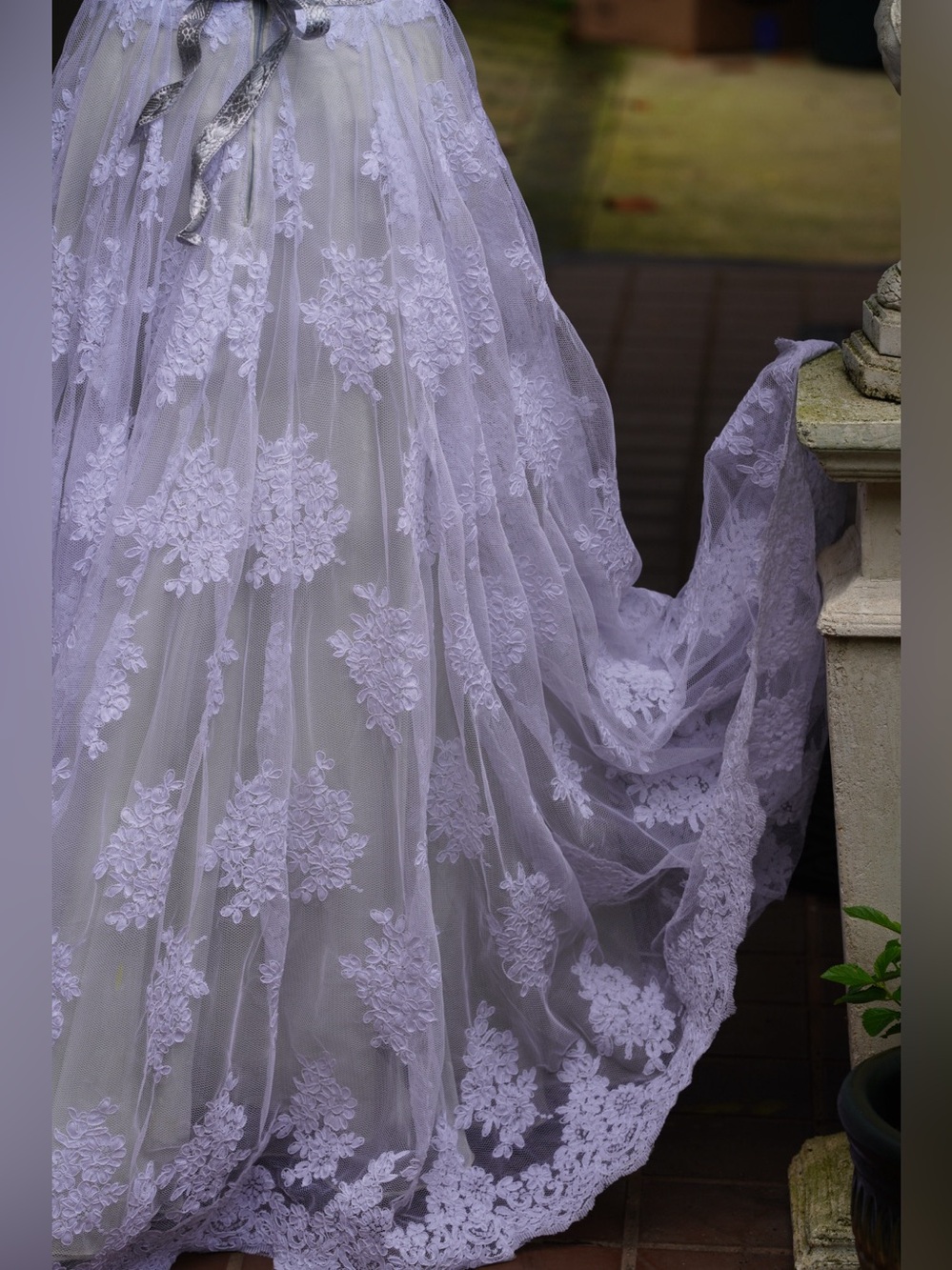 Vintage Ivory & Sage Lace Floral Appliqué Gown | Romantic Off-Shoulder Wedding - Picture 5 of 16